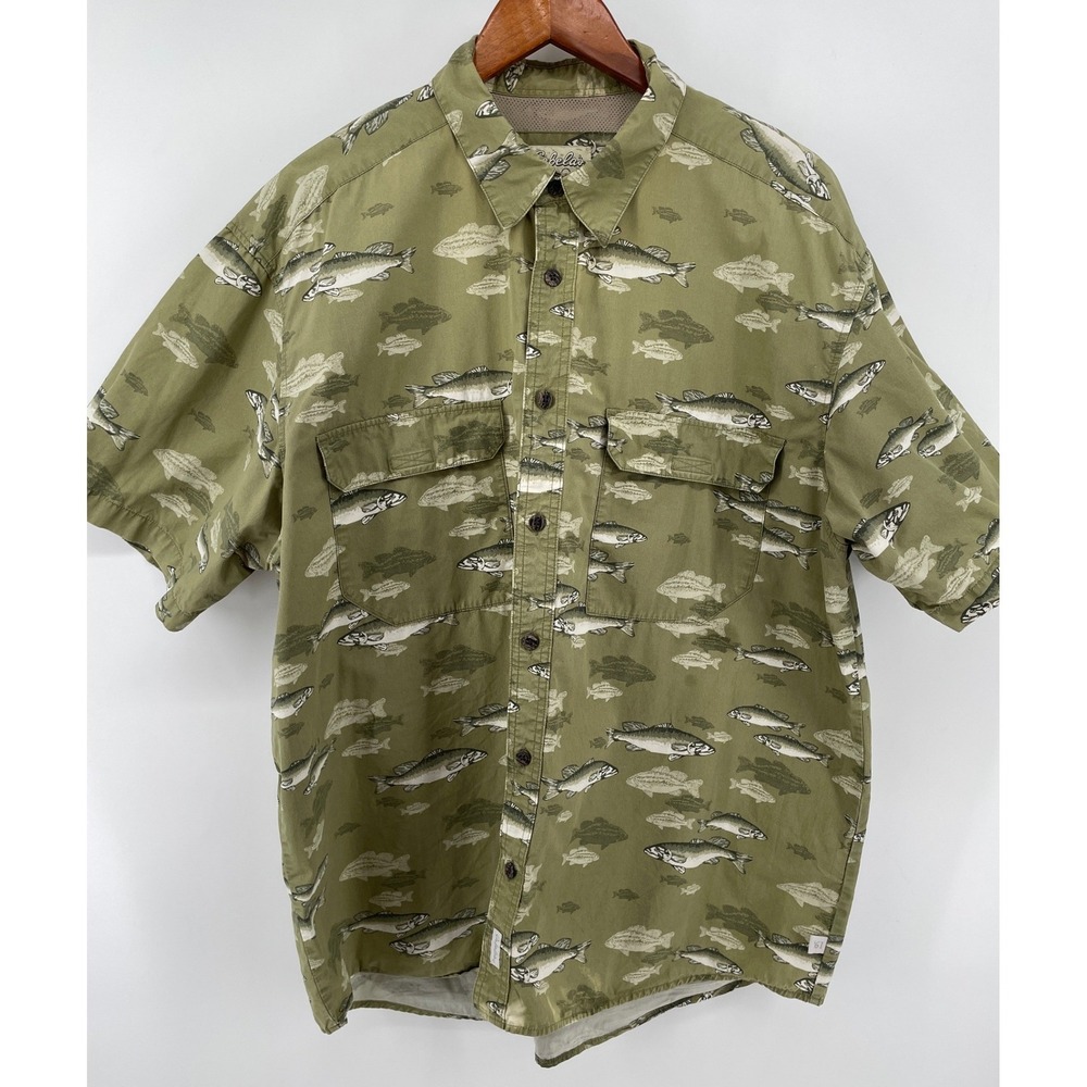 Cabela's Fishing‎ Shirt Mens XL Green All Over Fish Print Vented Short Sleeve